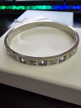 CHANEL Silver Crystal Square-Accent Bangle Bracelet